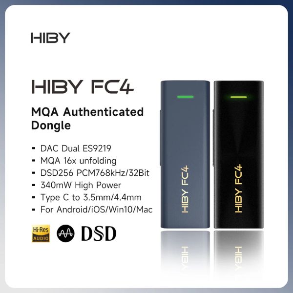 Konverter Hiby FC4 MQA 16x Dongle Typ C USB DAC Audio HiFi Decoder -Kopfhörer -Kopfhörerverstärker DSD256 ES9219 für Android iOS Win10 Mac Sound Card