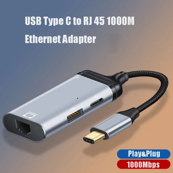 Hubs USB Tipo C para Ethernet Adaptador USBC para RJ45 1000Mbps Hub Support 65W para MacBook Pro iPad Pro Google Pixel Huawei USBC Ethernet