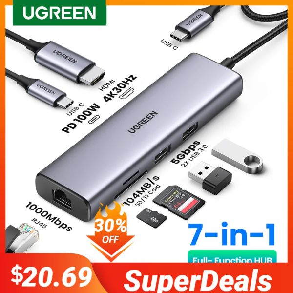 Hubs Ugreen USB C HUB 4K Tipo C a HDMI RJ45 USB 3.0 PD 100W Adattatore TF TF per MacBook Pro Air iPad Pro M1 Accessori PC USB Hub