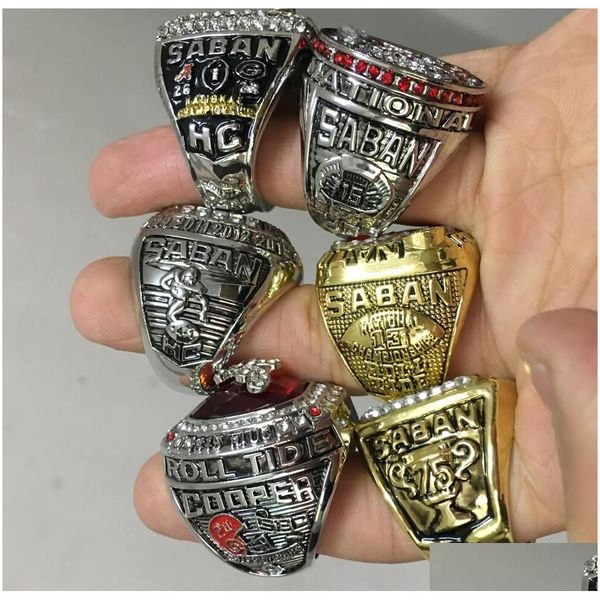 Cluster Rings Alabama 6pcs Crimson Tide Saban Национальная футбольная команда Кольцо с деревянной ящиком Souvenir Men Fan Gift D DHS2K