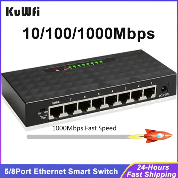 Control Kuwfi 5/8port Gigabit Switch Ethernet Smart Switcher Высокая производительность сетевого переключателя 1000 Мбит/с RJ45 Инжектор Интернет -инжектор