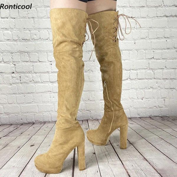 Boots Ronticool bezerro largo personaliza mulheres coxa de inverno Camurça os saltos grossos em torno dos jogos de boate de damasco dos jogos de clube de clube de damas