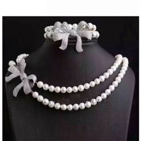 Strands 2 file AAA 78mm Akoya White Pearl Necklace Bracciale da 18 pollici da 18 pollici da 7,58 pollici Bellissimo anello