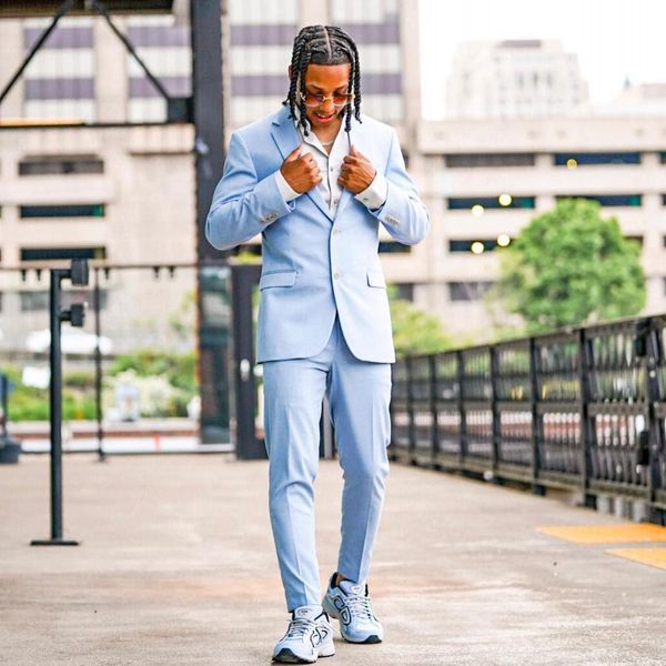 Ternos masculinos de baile de baile azul de céu leves 2 peças conjuntos de lapela blazers de casamento designer de smoking slim fit