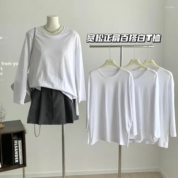 Camisetas femininas Camisetas coreanas edição multi-algodão branco de mangas compridas camiseta solta e versátil camisa subjacente se sobrepôs