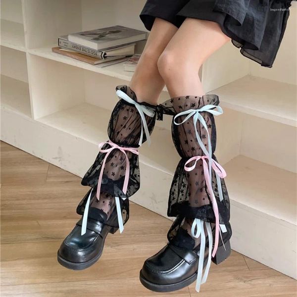 Frauen Socken Harajuku Girls süße Spitzenbeinabdeckungen Ribbon Quasten Bogen Rüschen Strumpfchen Süßigkeiten Farbe Little Fresh frisch