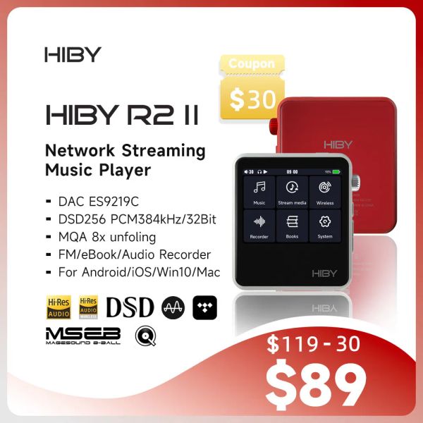 Jogador Hiby R2 II / R2 Gen 2 Audio HiFi Music Player Mp3 USB C DAC Bluetooth WiFi MQA DSD128 DLNA Airplay Tidal FM Radio com Mic Ebook