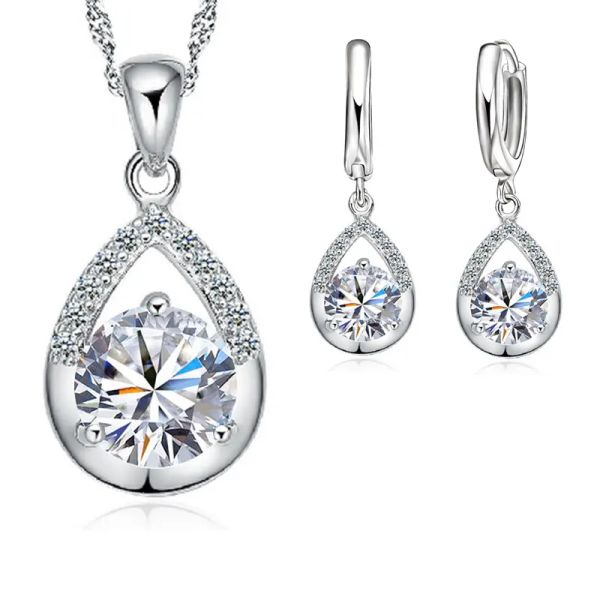 Collane Vendita calda Set di gioielli da sposa 925 Color Sterling Silver Crystal Crystal Drop Calco Orecchini a cerchio Donne Festa Impegno