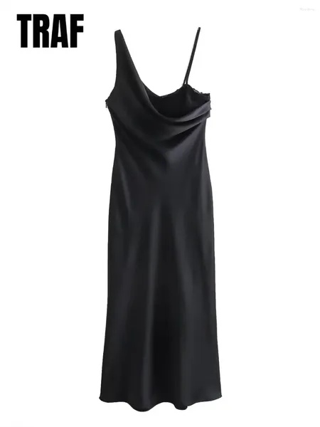 Vestidos casuais mulheres moda preto sexy plissado sling assimétrico textura de cetim de renda longa fêmea sem mangas da noite vestido