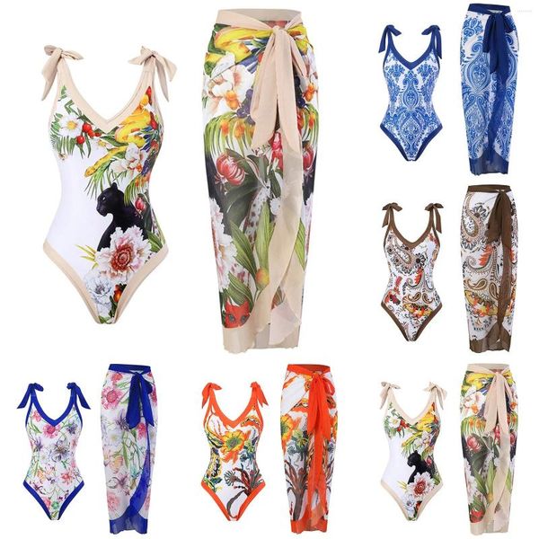 Mulheres femininas Mulheres Vintage Colorblock Abstract Floral Print 1 Piece Swimsuit Dress Shorts Men Long