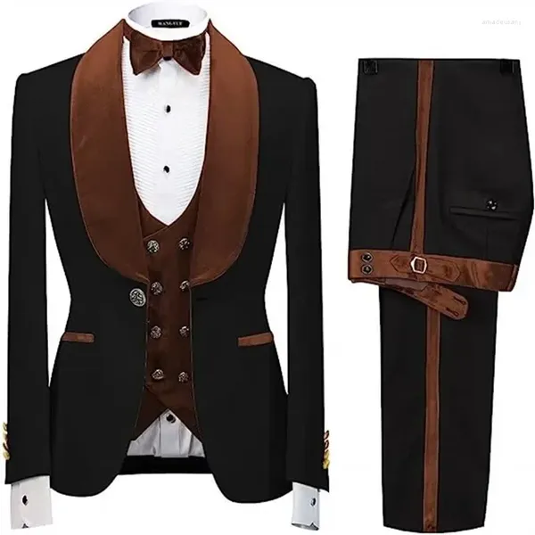 Herrenanzüge Luxus Samt Männer Mode Schal Revers Single Button Hochzeit Smoking Slim Fit (Blazer Weste Hosen) Voller Anzug 3 Stück