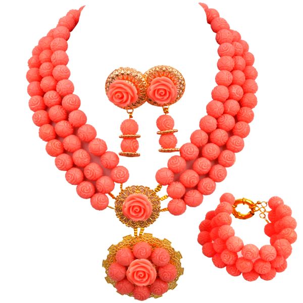 Colares de colar africano rosa miçangas de casamento nigeriano Conjunto de jóias de coral artificial 221124cb