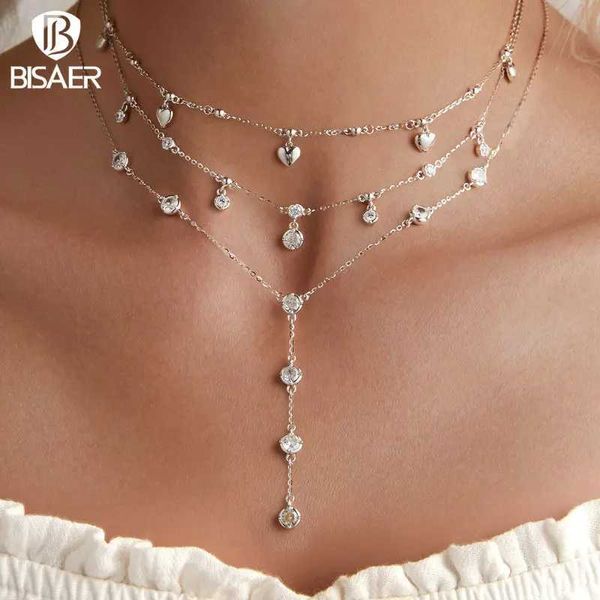 Halsketten Bisaer 925 Sterling Silber Sparkling Ychain Quastel Schlüsselbeutel Halskette CZ Platin Stapelkette für Frauenfeinschmuck