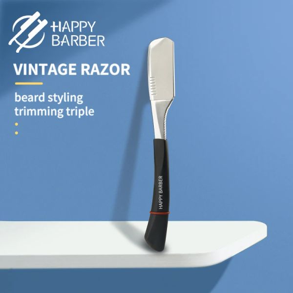 Blades Happy Barber Barbeiro Razor Aço inoxidável clássico lâmina de barbear reto de barbear para homem Facar Beard Care Helirecter Beard Styling Tools