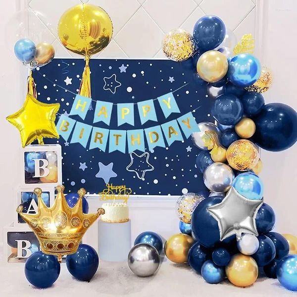 Decoração de festa Balões de ouro azul arco Kit Decorações de aniversário Balão marinho com Banner Ballo Metallic Silver