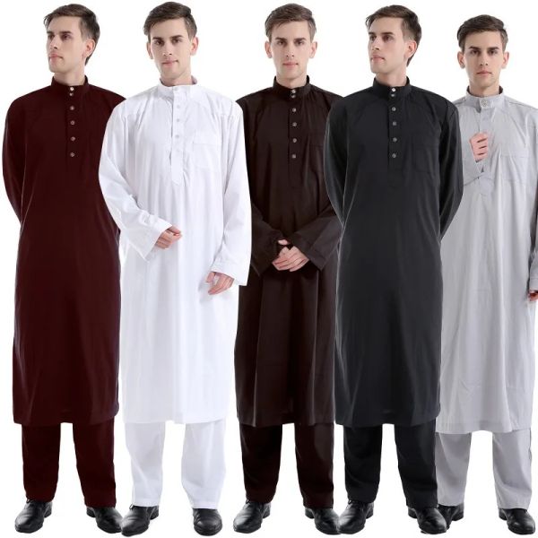 Roupas manto muçulmano homens árabes thobe ramadã trajes sólidos em árabe Paquistão Arábia Saudita Eid Turquia abaya masculino nacional de roupas islâmicas