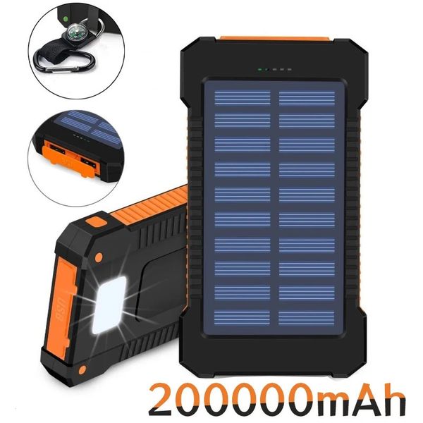 200000MAH Solar Power Bank Ultra-Large Capacity Mobile Power Portable with Lanyard Compass External Battery Extern Outdoor PowerBank 240419