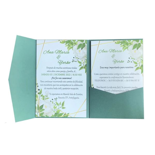 50 conjuntos, verde escuro Tri Fold Pocket Wedding Invitation Card personalizado noivado de impressão xv convites de batismo de aniversário IC160 240419