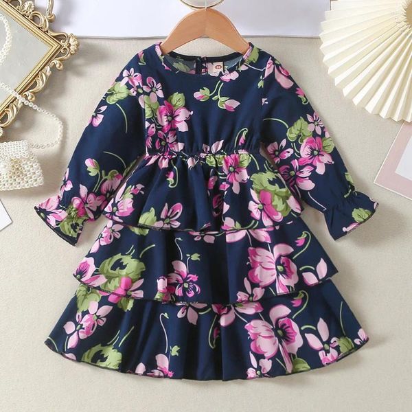 Vestidos de menina crianças estampa floral com manga longa vestido princesa garotas primavera outono 2024 Criança infantil de bolo casual de camadas casuais roupas