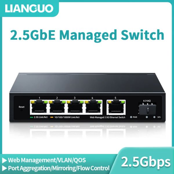 Switches LiangGuo 2.5GBE Managed Switch 5 Port 2500m Netzwerk 10G SFP+Slot Uplink Web Managed static Link Aggregation Hub Internet Splitter