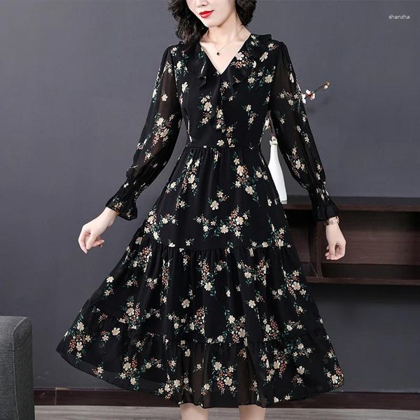 Lässige Kleider Frühling Sommer Schwarz Blumen Chiffon Rüle Midi Kleid Frauen koreanische Vintage Hepburn 2024 Langarm Elegante Bodycon