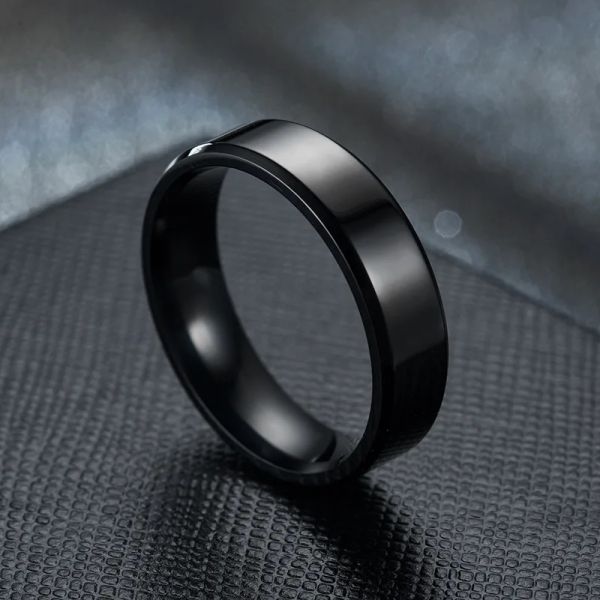 Bandas Anéis pretos de aço inoxidável para mulheres anéis de casamento homens largura de jóias de 6 mm de nomes de gravura personalizada logotipo