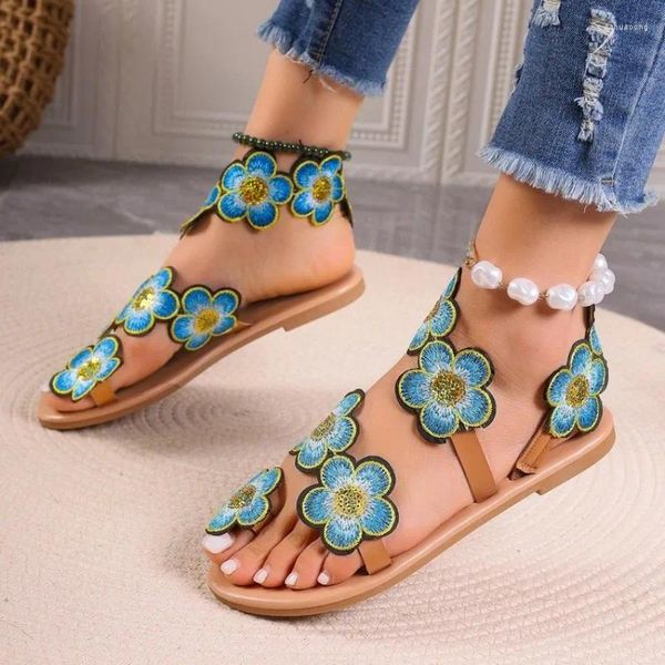 Sapatos casuais boho verão feminino sandálias feminino deslize o padrão floral de toe slingback praia mujer sapato feminino