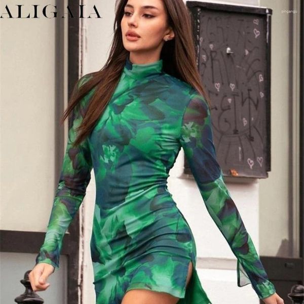 Повседневные платья aligaia elegant green turtleneck цветочное мини -платье для женщин наряды модная сетчатая сетка