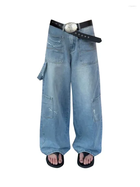 Jeans femminile design a gamba larga pantalone lavata blu accogliente ad alta vita tasche a full full lungome