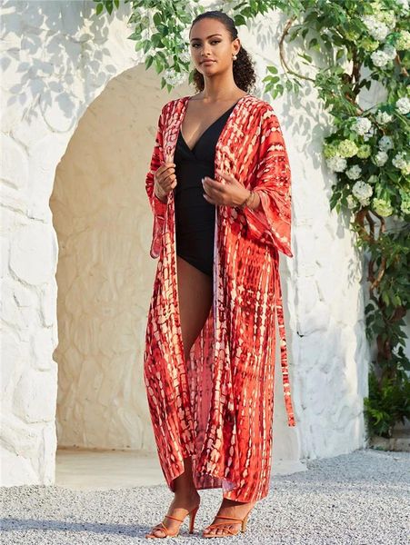 Costume da bagno a kimono lungo per le donne eleganti tinture per tinte aperta abiti da bagno da bagno