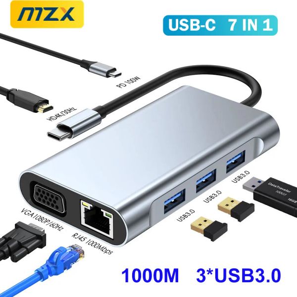 Hubs MZX Docking Station Usb Multi Hub 1000Mbps RJ45 Ethernet 4K HDML HDTV VGA 3 0 TIPO C 3.0 Adaptador de concentrador Splitter USBC Dock