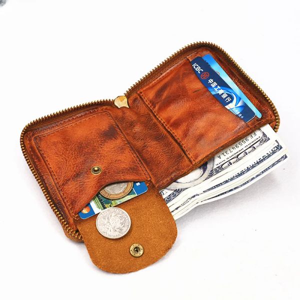Brieftaschen echter Leder Brieftasche für Frauen Männer Vintage handgefertigt kurze kleine Bibleszipper -Geldbörse -Kreditkartenhalter mit Münzentasche