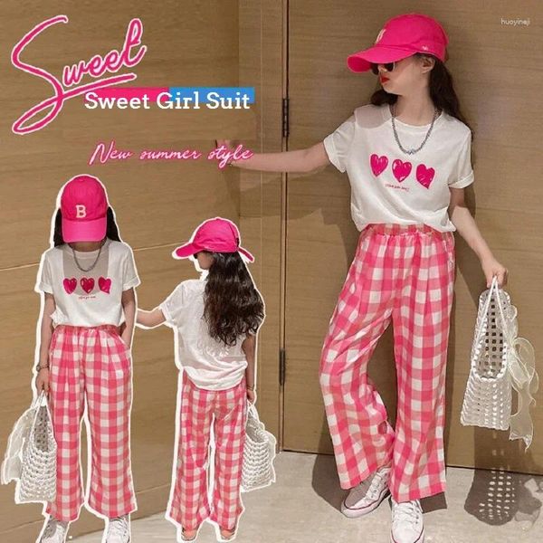 Kleidungssets Sommer lässige Mädchen süße weiße T-Shirt Tops Lose Plaid Pant School Kids Tracksuit Kinder 2-teilige Outfit 5-16 Jahre