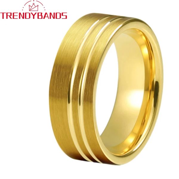 Anéis de 8 mm de tungstênio anéis de casamento de tungstênio para homens bandas de noivado compensar dois acabamentos escovados ranhurados ajuste