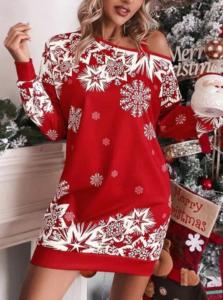 Lässige Kleider 2024 Frauen Weihnachtskleid rot eine Schulter Langarm Sweatshirt Winter Trendy Year Fashion Party Clothing Ladies Damen