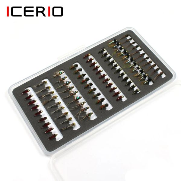 Zubehör Icerio 80pcs/Set tragbarer Box -Perlenkopf Trockenfliege Nymphe Scud Midge Fly Forellen Fischereiköder