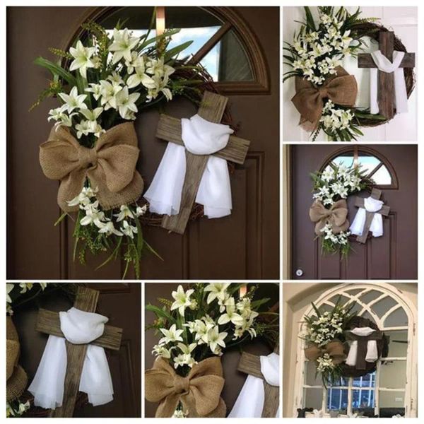 Flores decorativas Decoração de Páscoa White Flower Wreath Wooden com fita de fita artificial de fita interior externa para janela