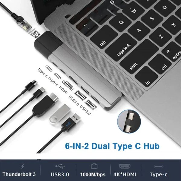 Hubs Dual USB C Hub Thunderbolt 3 Dock с 4K HDMI Gigabit Ethernet RJ45 1000M TF/SD Adapter PD 100W для MacBook Pro/Air M1