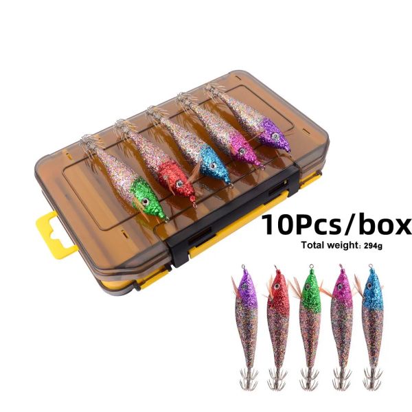 Accessoires Ilure 10pcs Tintenfisch Jigs Fischereiköder mit Box 10 cm glänzender Holzgarnel