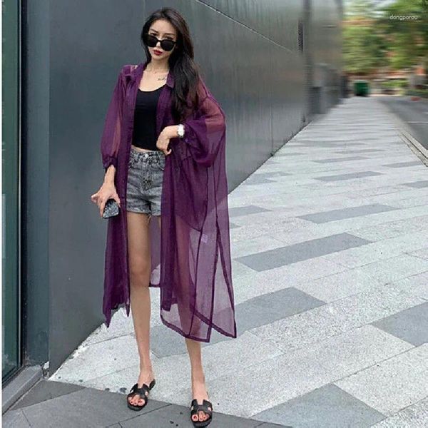 Bikini-Deckhöfe für Badebekleidung Frauen Sonnenschutzkleidung Strickjacke Bubble Sleeve Strand tragen lose halbtransparente Chiffonhemd