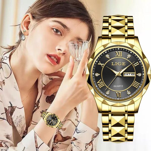 Lige Luxury Ladies Dress Watch Luminous Waterpaint Woman Bristeckwatch из нержавеющей стали Золотые женщины Кварцевые часы Relojbox 240419