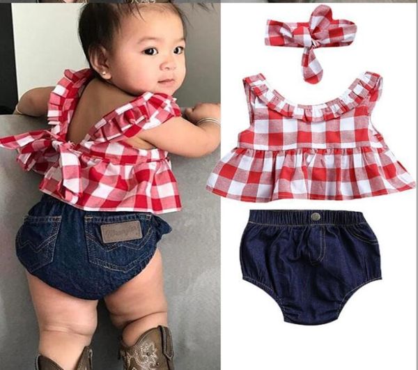 2020 Summer Baby Girl Set Set Set Plaind Skirted Tshirt Topsdenim Короткие блумеры для маленькой девочки одежда для новорожденных наряды новорожденных Y2002960981