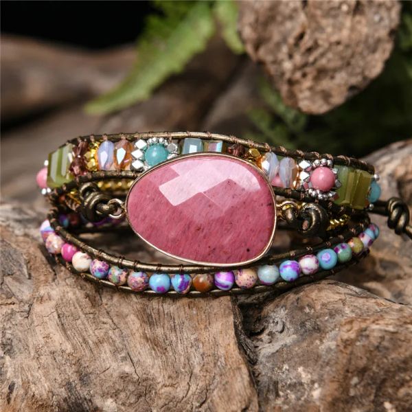 Stränge Leder -Wrap -Armband Exklusiv 3 Stränge Naturstein Multi -Farbe Bohemian Perlen Kristallwebarmband -Wickelarmband Geschenke