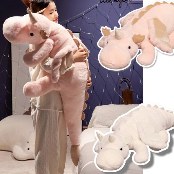 Bonecas 1pc 70150cm gigante dragão branco brinquedo de pelúcia com unicorn chifre asas voando dragões dinos abraços arremesso de travesseiro dinos NOP Sleeping presente