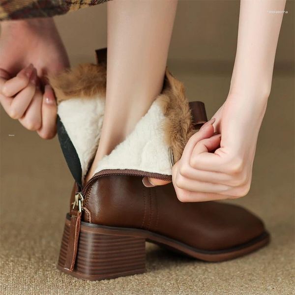 Сапоги Enmayer Snow Real Leather Women Angle Shoes Low Heels Ins Short Boot Fashion Winter Ladies Размер 34-42