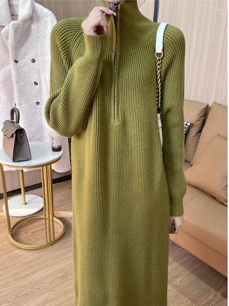 Vestidos casuais vestido para mulheres 2024 Sweater de tamanho grande zíper de malha sólida suéteres de inverno moda moda elegante feminina feminina manto