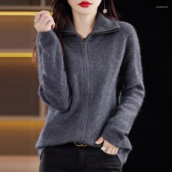 Malhas femininas outono e inverno zíper de mannique comprida Cardigan Cardigan LOLE LOLA DE LAPEL LOLO FORA 2024