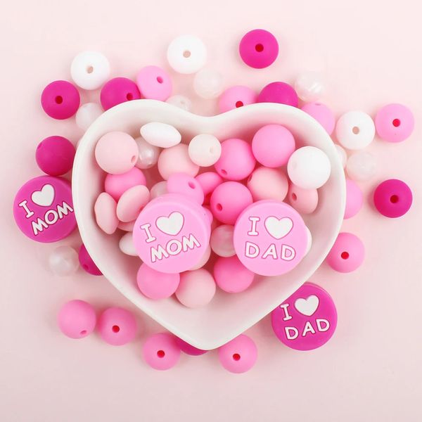 34pcspack runde Silikonperlen Ich liebe Mama Dad Kautkügelchen für Schmuck, die DIY -Schnuller -Clips -Kette Teether -Spielzeug 240422 machen