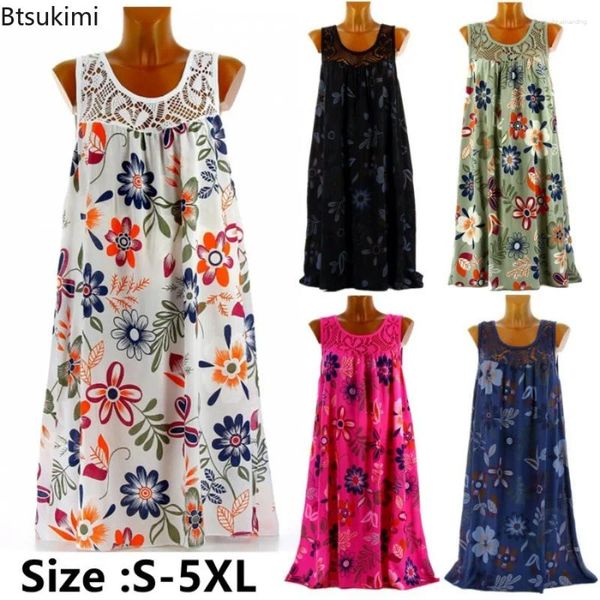 Lässige Kleider 2024 Frauen Sommerkleid Spitze Design Blumendruck Strandtunika Sundress Loose T Shirt Mini Party Frau