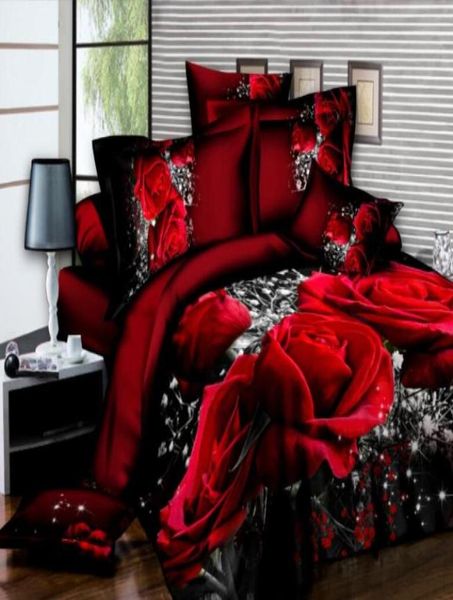 Home Textiles Quilt Cover Kissenbezug Sets 3D -Bettwäsche Sets 3D Digitaldruck Red Rose Hochzeit Feier Winter Dicke Set Whole9682868